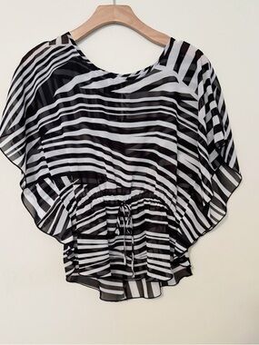 BCX Black and White Striped Sheer Tunic with Drawstring Womens Size Small Boho